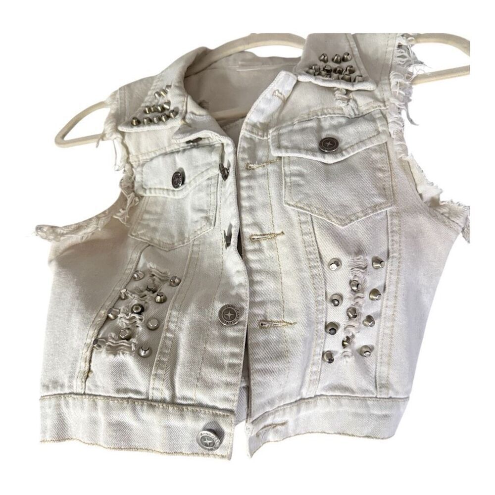 Studded Denim Vest with Faux Fur Fringe Boho Festival Statement Piece